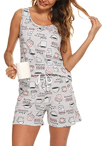ENJOYNIGHT Pijama corto para mujer, conjunto de pijama de verano sin mangas, top y pantalones cortos, ropa de dormir para mujer, traje de casa de algodón, Taza de café gris, L