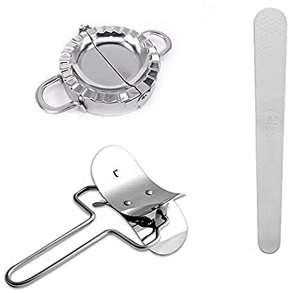 ANCLLO Lot de 3 moules à raviolis en chinois en acier inoxydable pour pâte à tarte- 1 presse Empanada - 1 coupe-pâte - 1 cuillère à farcir - 1 presse à raviolis-Accessoires de cuisine(petite taille)