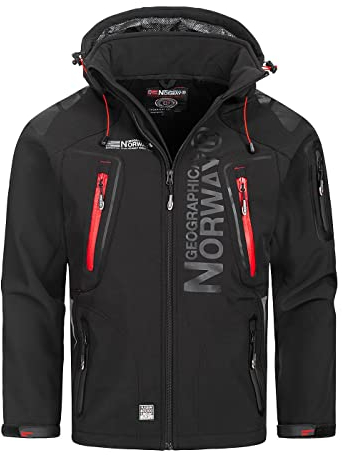 Geographical Norway Techno Men Distribrands - Chaqueta Softshell Impermeable Hombres - Capucha Hombre Transpirable Exteriores - Chaqueta Invierno Viento (Negro/Rojo L)
