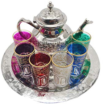 Moroccan Tea Set for Everyday Use - Includes 800ml Teapot with Legs Tray Diameter 30 cm 6 Typical Glass Glasses