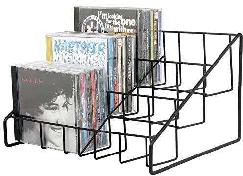 MyGift CD Display Stand, CD Rack Tower, 3-Tier DVD Stand Holder, Tabletop Compact Disc Jewel Case Storage, Step Tier Office Media Organizer, Modern Matte Black Metal Wire