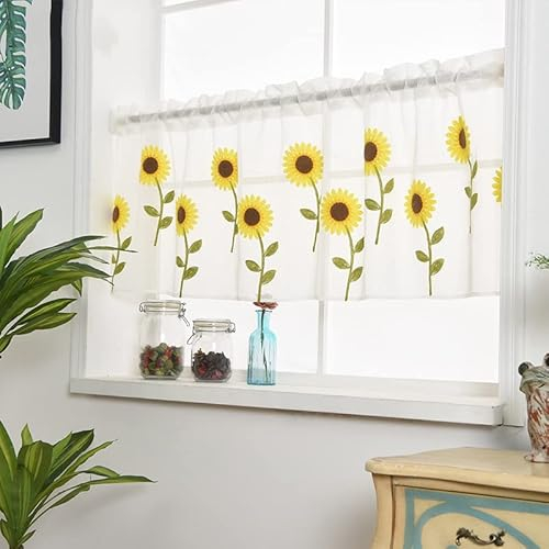 Devola Scheibengardine Pastorale Art Flächenvorhang transparente Kurzgardine Sonnenblume Besticke Bistrogardine Landhaus Küchengardine Balkongardine Kurzstore HxB 45x120cm Weiß 1er Pack