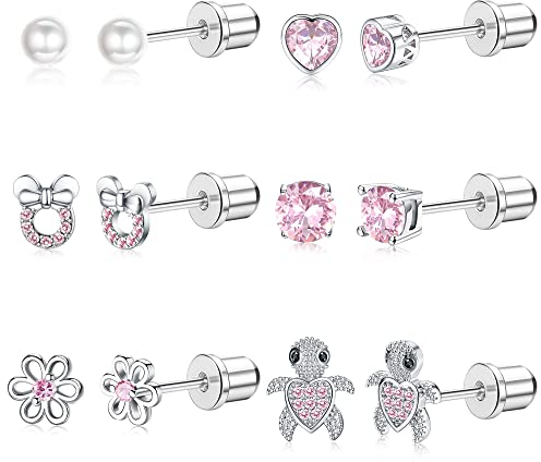 MILACOLATO 6Paia Orecchini Bambina Acciaio Chirurgico Orecchini Anallergici Donna Ragazze CZ Cuore Fiore Orecchini a Bottone Set Piercing Trago Cartilagine Gioielli rosa