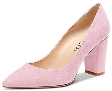 Aachcol Femmes Bloc Chunky Mi Haut High Talon Heel Escarpins Slip-on Pointu Bout Dress Chaussures Bureau Party Mariage Suède Rose 8 CM 40 EU
