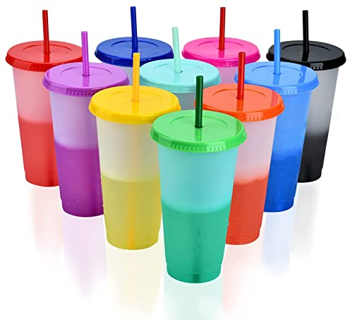 CYH 10 Pcs Reusable Plastic Tumblers with Lids & Straws - 24oz Cute Colour Changing Cups, Bulk Iced Coffee Cup Party Tumbler Set Travel Cups for Kids Adults Party Smoothie Cup Travel Mugs