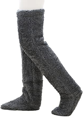 XACKWUERO Plüsch Pantoffel Strümpfe Pelz lange Beinwärmer für Frauen Männer über Knie hoch Fuzzy Socken Winter Home Schlafen Socken (Dunkelgrau)