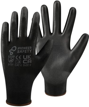 VIP Pioneer Safety Pack of 12 Tenaci Safety Work Gloves PU Coated Nylon Non-Slip Work Gloves Gardening Gloves Builders Gloves, Black, Small Size 7