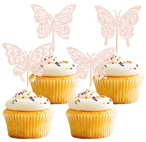 Blumomon 24Pcs Lively 3D Butterfly Cupcake Topper Pink Butterfly Cake Decorations for Girls Women's Happy Birthday Wedding Party Cake Wall Party Food Decorations