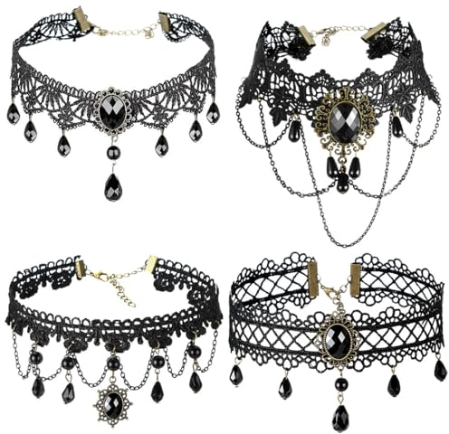 Gothic Halskette Set, 4 Stück Schwarz Spitze Choker, Halloween Lace Choker Halskette Schwarz, Vampir Kette Damen, Kostüm Schmuck für Karnevals Maskerade Party