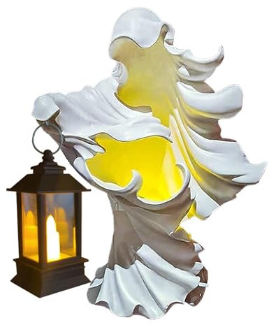 Pomurom Höllenbote mit Laterne, Halloween Gartendekoration, Hexenlampe aus Harz, Der Geist auf der Suche nach Licht, Gesichtslose Geisterskulptur, Gartenlampe Dekoration Lampe für Halloween Rasen