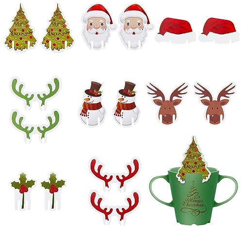 SUPERFINDINGS 160 Stück 8 Stile Weihnachten Weinglas Dekorationen Rentier Pappbecher Karten Becher Marker Tisch Weihnachtsmann Dekorationen Schneemann Stechpalme Blätter Karten