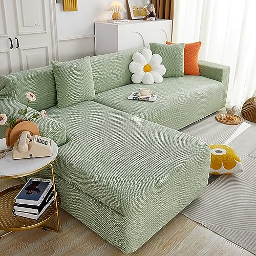 OKJK Sofabezug l Form, Jacquard Stretch Sofabezug, verdickter weicher und bequemer Stoff, Sofaschoner rutschfest für Wohnzimmer, staubdicht, Maschinen waschbar (Mint Green,4-Seater 235-300cm)