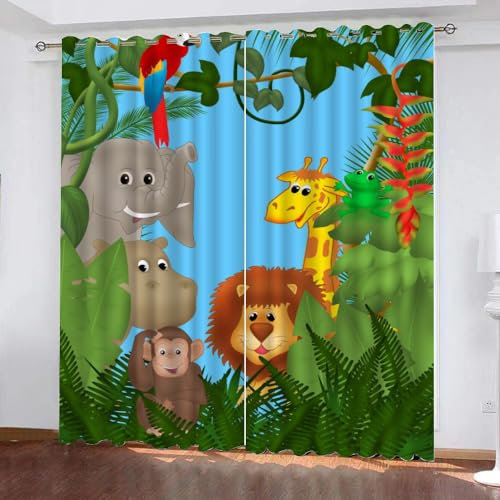 GIOVIA 3D Zoo Vorhänge Abdunkelnde Tropisch Dschungel Kindervorhänge Vorhang mit ösen 2er Set Gardinen Blickdicht Verdunkelungs für Kinderzimmer Schlafzimmer Wohnzimmer B 150 X H 166 cm