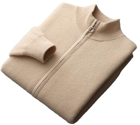 Haitpant Cardigan da uomo in cashmere lavorato a maglia di mezza età con colletto alto con cerniera cappotto maglione autunno inverno giacca spessa 100% lana, Beige, M
