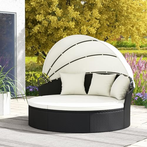 GIANTEX Lit de Jardin Extérieur Rond Ø187 cm en Rotin PE avec Auvent Rétractable, Canapé Lit Extérieur pour 2-3 Personnes, Ensemble Salon de Jardin avec Coussins(Beige)