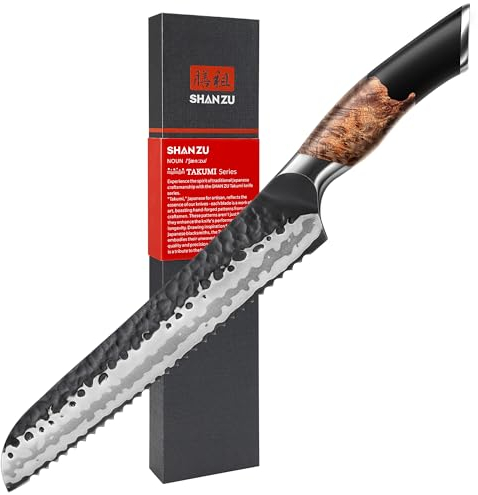 SHAN ZU Couteau à Pain Dentelé Forgé à la Main, Couteau de Cuisine 20 cm, Couteau Japonais en Acier 9Cr18MOV à 7 Couches, Couteau à Pâtisserie de Haute Qualité, Manche en Bois d'érable
