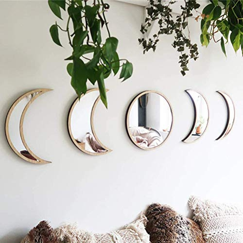 5 Stück Mondphasen-Spiegel-Set, Mondphasen Spiegel aus Holz Dekor Acryl Wand Dekorative Spiegel Wandspiegel Böhmische Wanddekoration für Wohnzimmer, Schlafzimmer Dekor