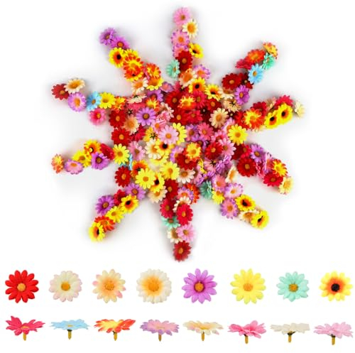 200 Stück Kunstblumen Blumenköpfe, Bunt Seidenblumen, Künstliche Blumenköpfe, Kunstblumen zum Basteln Klein, Mini Gänseblümchen Blütenköpfe Daisy für DIY Handwerk, Braut, Kleid, Party Deko