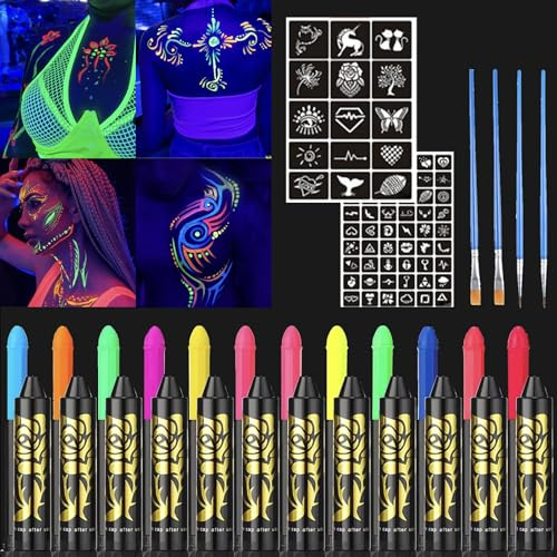Neon Party,UV Bodypainting,12 Farben Neon UV Kinderschminke Set, Waschbar Schminkstifte Schminkfarben, Face Paint Schminkset, Körperfarbe Kinder (12 Farben) Neon Party Outfit,neon party deko