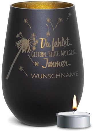 PR Print Royal Trauer Windlicht mit Gravur - Du fehlst - mit Name gravieren - Trauergeschenk, Gedenklicht, Geschenke für Trauernde | inkl. Teelicht, 450 ml, Schwarz/Gold