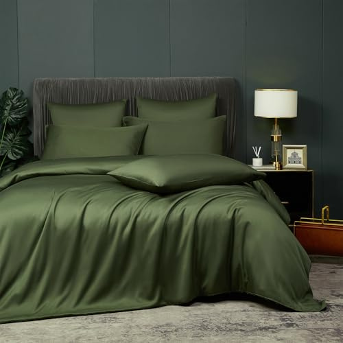 Luofanfei Bambus Bettwäsche 155x220 cm Olivgrün Grün Sommer Kühlende Uni Bambusfasern Lyocell Glänzend Bettwäsche Set Atmungsaktiv Bamboo Luxus Muster Bettbezug Einzelbett und Kissenbezüge 80x80 cm