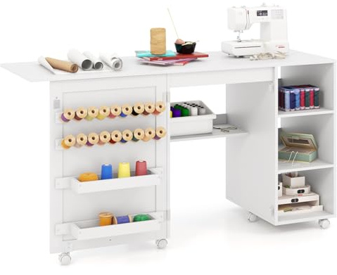 RELAX4LIFE Faltbarer Nähtisch, mehrzweck Nähmaschinenschrank, Weiß | Mit Ablageflächen & 2 Behältern & 18 Klammern, tragbare flexible Handwerksstation mit feststellbaren Rollen für Zuhause
