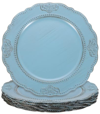 sourcing map Platzteller im Vintage-Stil, 33 cm, Kunststoffperlen, dekoratives Ladegerät für Speiseteller, Set, runde Teller, Ladegerät für Hochzeit, Party, Event, Tischdekoration, Blau, 10 Stück
