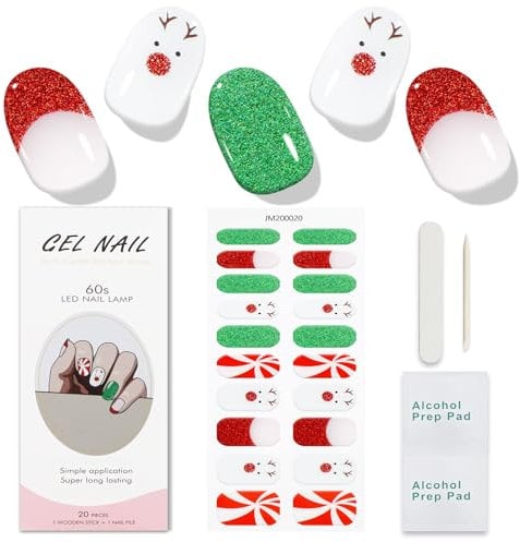 JMEOWIO Nagelfolie Weihnachten Süß Glitter Grün Rot Gel Nail Nagelfolien Selbstklebend Nagelsticker Uv Härtend Dekoration Nageldesign Zubehör