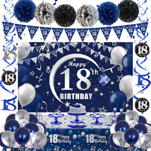18th Birthday Decorations for Boys Girls, 18th Birthday Banner Backdrop Balloons Blue and Silver, Happy 18 Bday Decorations Banners Tablecover Triangle Flag, 18 Year Old Bday Gifts Party Supplies