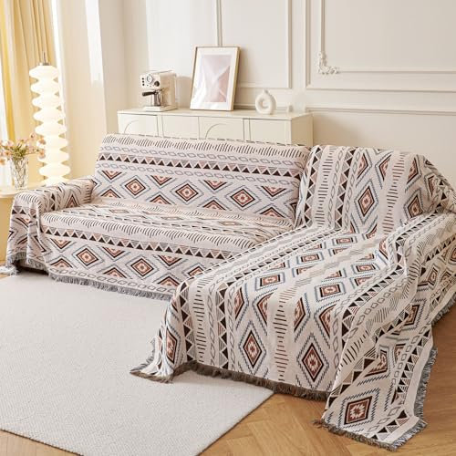 LHGOGO Dicht gewebter Sofaüberwurf mit Quasten, Bohemian-Muster, wendbar, Azteken-Stil, südwestlicher Stil, dekorativer Überwurf für Sofas, große Sofas, Bett und Sessel, 180 x 340 cm
