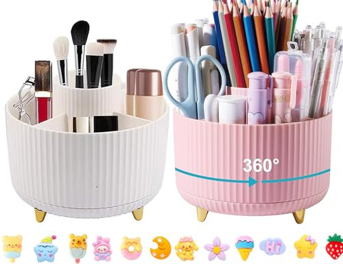 2 Pezzi Organizzatore Da Scrivania Girevole A 360 Gradi, Portapenne da Scrivania Girevole Porta Penne Ruotabile Con 5 Scomparti per Matite Pastelli e Cancelleria Articoli da Ufficio (Bianco+Rosa)