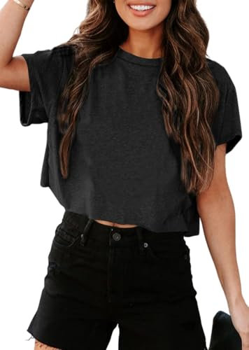 Tankaneo Crop Tops Damen Oversize Sport Oberteile Cropped Shirts Rundhals Loose Bauchfrei Sommertop Kurz T-Shirts.Schwarz.L