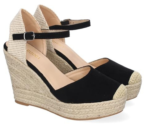 shoes&blues.es 91847 Sandalia de Cuna de Yute para Mujer, Comodas y Elegantes, Diseno Moderno con Punta Bordada y Cierre de Hebilla, Ideales para Primavera-Verano. Negro Talla 35
