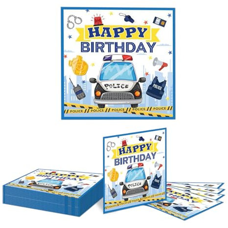 Kotkiddy 20 Stück Polizeiauto Happy Birthday Servietten, Polizei Party Zubehör Dekorationen, Polizeiauto Thema Geburtstags Papier Servietten Set