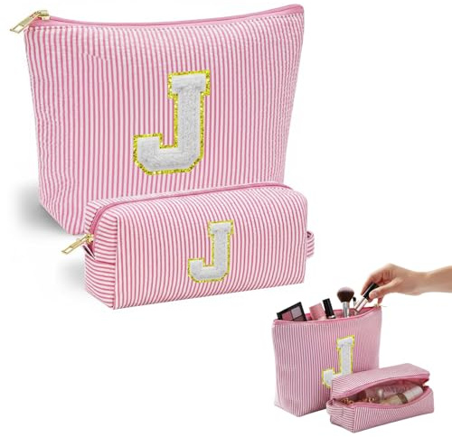 VLYX Trousse de Maquillage Personnalisée - Grande Capacité, A-Z Initiales, Lot de 2 - Trousse de Toilette Portable, Idée Cadeau Anniversaire (J)