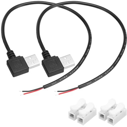 sourcing map 2Pcs USB Plug Pigtail, 0.3 M/1 FT Male Elbow Short Power Cable 22AWG 5V 3A USB-C Plug with 2-Position Wire Connector for USB Type A Equipment Installed or Replacement DIY, Black