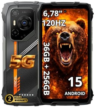 OSCAL Pilot 3 5G AI, Android 15, 36GB RAM + 256GB (erweiterbar auf 2TB), 6.78″ 2.4K IPS Display 120 Hz, 50 +20 MP Kamera, 7500 mAh Akku, IP68/IP69K & MIL‑STD‑810H, Dual SIM, 2 Jahre Garantie, Schwarz