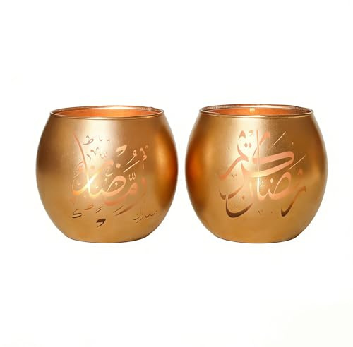 Goldene Ramadan Deko für Zuhause 4 TLG., Arabische Kalligrafie mit Lasergravur, Glas Teelichthalter & Votivkerzenhalter für Ramadan Tischdeko, Eid Mubarak Dekoration, Islamische Geschenke