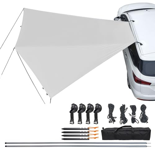 Toldo para coche, toldo con refuerzo, resistente al agua, adecuado para coches, furgonetas y autobuses de camping, montaje de refuerzo o ventosa, color gris