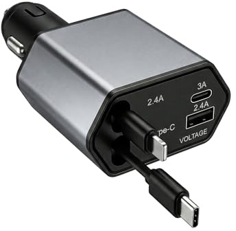 Cargador Coche Carga Rápida Retráctil, 120W cargador de coche carga rapida con Cable USB-C Extensible, Adaptador Mechero 12V/24V para Auto, Accesorios Coche Compatible con Smartphone, Tablet y Disposi