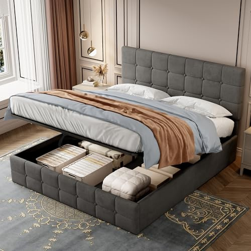 Aptliton 4FT6 Double Ottoman Storage Bed Frame with Adjustable Velvet Headboard, Hydraulic Lift, No Mattress (Gray)
