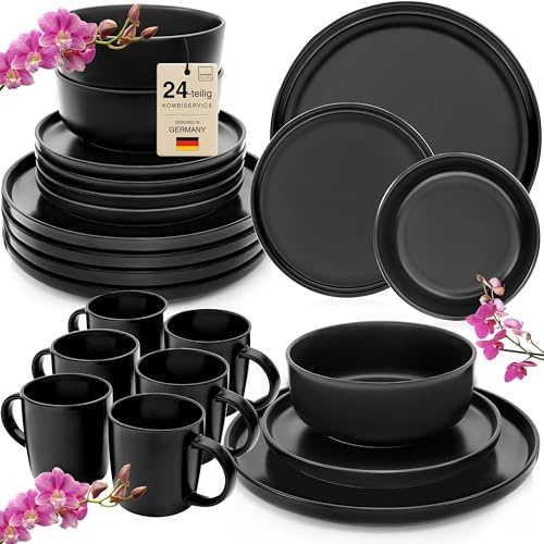 SÄNGER Madeira Kombiservice 24 teilig, Steingut Geschirr Set 6 Personen | 6x Teller Set 6x Frühstücksteller 6x Tiefe Teller 6x Kaffeebecher Geschirrset und Schale schwarz