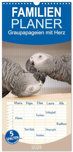 Familienplaner 2025 - Graupapageien mit Herz mit 5 Spalten (Wandkalender, 21 cm x 45 cm), CALVENDO