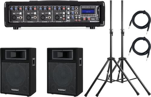 Pronomic PM42-110 StagePower Set Aktivanlage (4-Kanal 100 Watt Powermischer mit MP3-Player, 10 Boxen, Stative und Kabel)