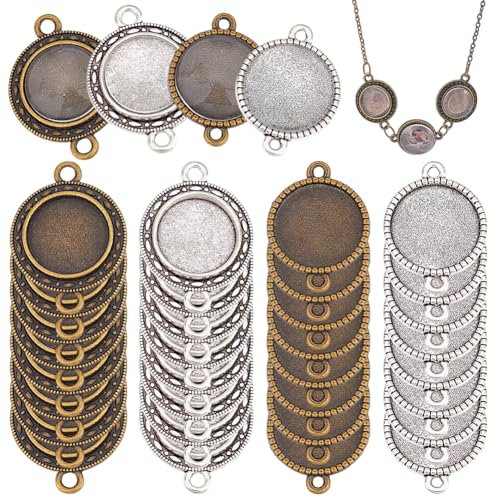 PandaHall Elite 32 Sets 2 Styles tibetischen Stil Legierung Lünette Anhänger Rohlinge Anhänger Trays mit 14 16mm Klarglas Cabochons Dome Fliesen Double Holes Rohlinge für Ohrring Armband
