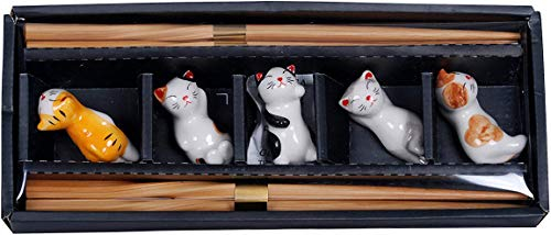 Happy Sales HSRST-CAT, Japanese Chopsticks Set with Cute Kitten Maneki Neko Lucky Fortune Cats Chopsticks Rest 5 Pair Assorted Colors Chopsticks Set Dining Table Starter Kit Beautiful Gift, Cat