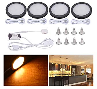 Midore Set di 4 lampade a LED da incasso da cucina, 10 W, rotonde, per armadi, vetrine, con spina e colla da 3 m, 6000 K