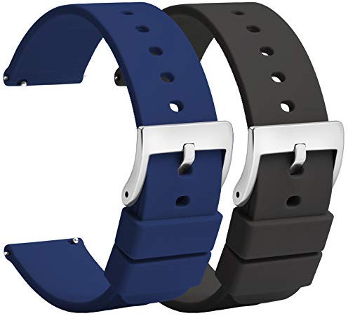 TStrap Montre Bracelets Silicone 22mm - Bracelet de Montre à Dégagement Rapide Caoutchouc Noir Bleu Hommes Femmes Sport - Bracelets de Montres étanche pour Smartwatch Boucle Argent - 18mm 20mm