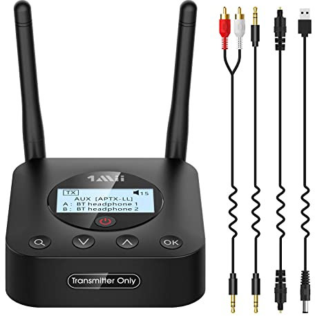 1Mii Transmisor Bluetooth 5.2 para TV, Adaptador Bluetooth Audio Entrada Óptica/AUX/Coaxial con Pantalla Fácil de Conectar con 2 Auriculares BT, Control de Volumen, aptXLL/HD, Largo Alcance-B06TX+