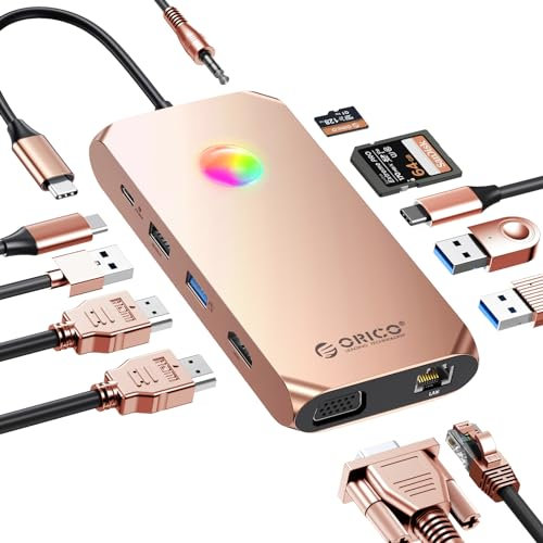 Docking station USB HUB, ORICO 12 in 1 RGB USB C, adattatore 4K HDMI, 100W Power Delivery, 1 Gbps Ethernet, 4 porte dati USB 3.0, SD e TF 3.0, 1080P VGA, audio 3.5 mm, 14 tipi di illuminazione RGB